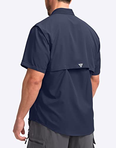 Pudolla Men's Fishing Shirts Short Sleeve Travel Work Shirts Summer Button Down Shirts For Men Upf50+ With Zipper Pockets(Navy, Medium) #TOP2
