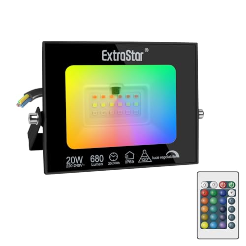 EXTRASTAR 20W Smart RGB LED Floodlight, 16 Colors Adjustable, Dimmable with Remote Control, IP65 Waterproof for Indoor/Outdoor Use Stage or Garden