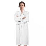Weave Essentials Albornoz unisex de polialgodón tejido gofre, bata ligera de lujo, estilo kimono, adecuada para ropa de descanso, ropa de dormir, spa y hotel, blanco, Large/X-Large