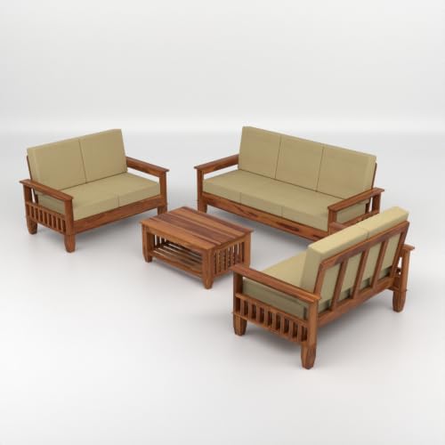 Image of Solid Sheesham Wood 7 Seater Sofa Set for Living Room | Premium Wooden Sofa with Side Magazine Rack | High-Density Cushioned Fabric Seats | Modern Solid Sheesham Wood Furniture