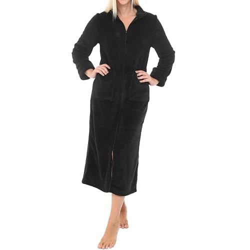 Alexander Del Rossa Women’s Slim Fit Zip Up Fleece Robe, Soft Warm Plush Zipper Bathrobe