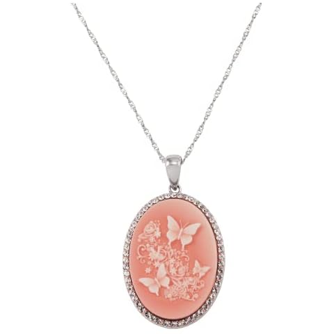 Finecraft Butterfly and Flower Cameo Pendant Necklace with Crystals in Sterling Silver, 18" Cover