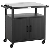 Outdoor Grill Cart with Stainless Steel Tabletop and Storage Cabinet, Movable Kitchen Island with Wheels for BBQ Food Prep, Black