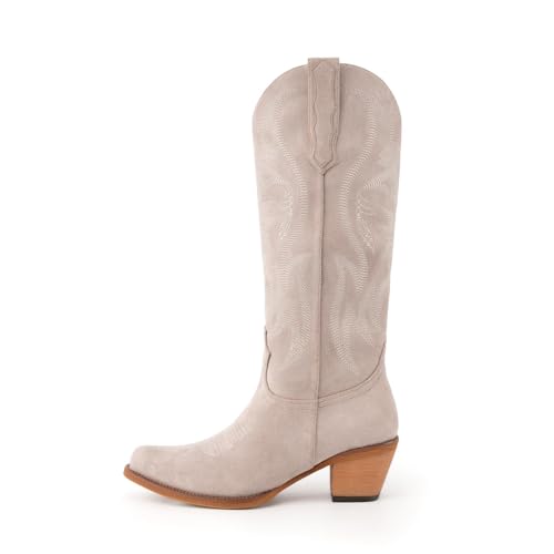 Image of KaroNairy Women Cowboy Boots Faux Suede Embroidered Pointed Thick Heeled Western Wide Calf Cowgirl Ponited Toe Mid Calf Boots