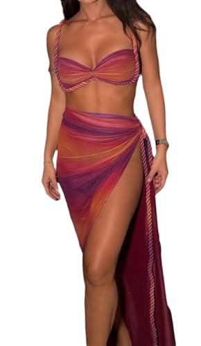 Wuitrie Womens Two Piece Skirt Sets Backless Top High Waist Maxi Skirt Summer Beach Sexy High Slit Skirt Set Red
