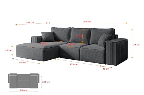 ALTDECOR Ecksofa mit Schlaffunktion und Bettkasten Corner Sofa Bett Eckcouch Couch L-Form Schlafcouch Ausziehbar Wohnlandschaft Schlafsofa Cauchsofa Serra-L-S - 266x165x73 cm Duneklgrau – Bild 3