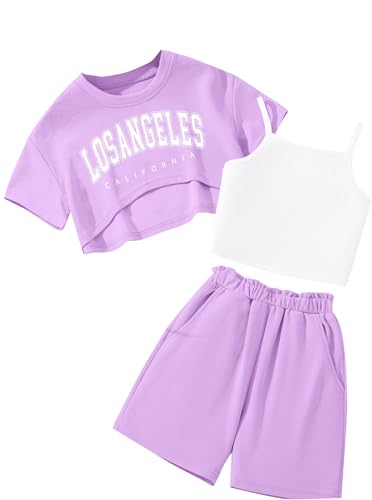 Image of Girl's Summer 3 Piece Outfits Graphic Short Sleeve Crop Top Cami and Shorts Clothes Set