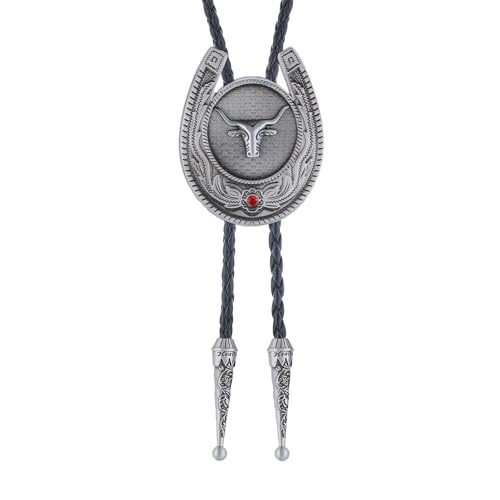 Image of Jeilwiy Bolo Tie for Men, Western Cowboy Golden Longhorn Bull Eagle Horse Cowboy Hat Bolo Necklace Leather Necktie for Women