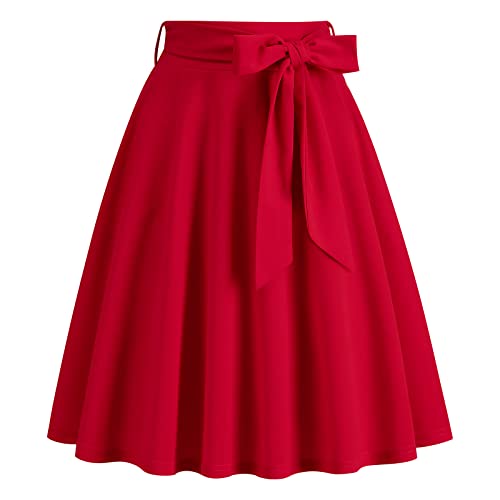 50S Red Swing Skirt For Women Flare Midi Skirt With Pockets High Waist A Line Skirts Women's 1950S Rockabilly Knee Length Skirts Audrey Hepburn Style Work Office A Line Skirt With Belt Red Small #TOP1
