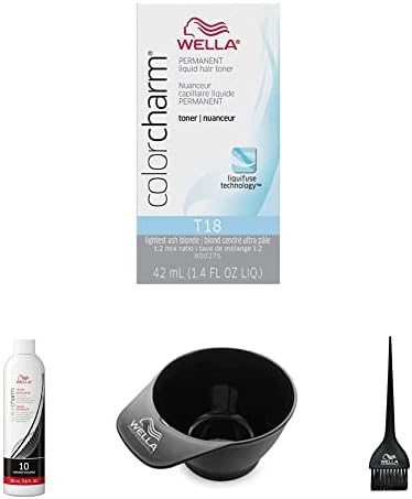 WELLA colorcharm Hair Dye & Coloring Kit, T18 Lightest Ash Toner + 10 Vol Cream Developer with Color Mixing Brush & Bowl for Mixing and Application, Great For Professional or At Home DIY Use, 4PC Set