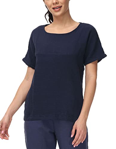 Soojun Women's Cotton Linen Round Collar Boxy Top Patchwork Blouses Navy, Large #TOP1