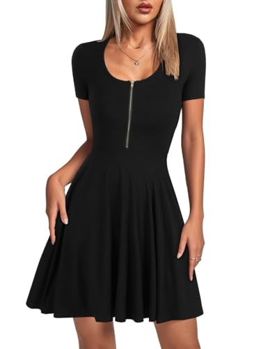 Image of KIFOVEN Women's Skater Dress Short Sleeve Zipper Ruffle Hem Flowy A Line Summer Short Mini Dress