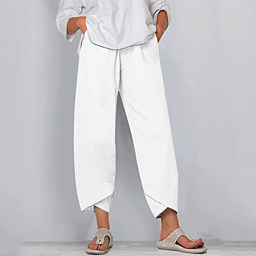 Image of Cotton Linen Capri Pants for Women 2025 Casual Printed Cropped Palazzo Pants Elastic Waist Lounge Baggy Trousers