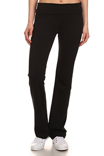 ACTIVE BASIC White Apparel Women's Cotton Yoga Pants with Foldover Waist and Flared Bottom