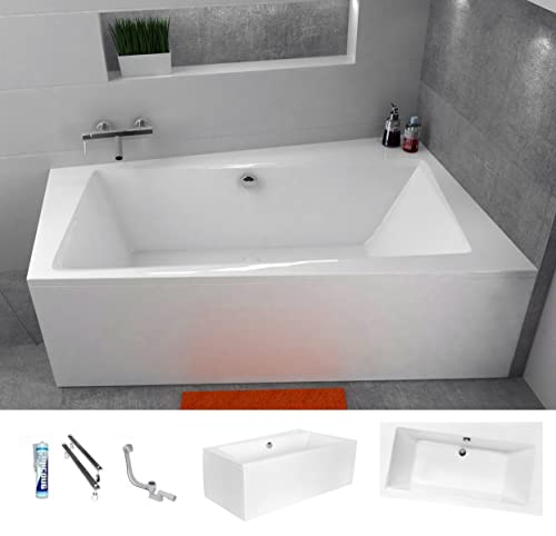 ECOLAM Badewanne Infinity Trapezwanne Eckwanne für Zwei mit Abfluss mittig 170x110 cm RECHTS + Schürze aus Acryl + Ab- und Überlauf Automatik Füße Silikon Komplett-Set – Bild 3