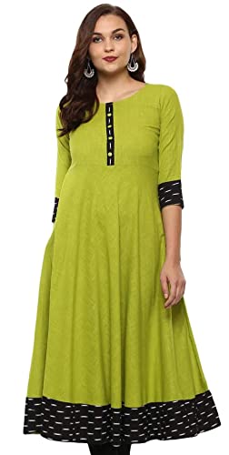 Yash Gallery Women Cotton Slub Printed Anarkali Kurta(Green)