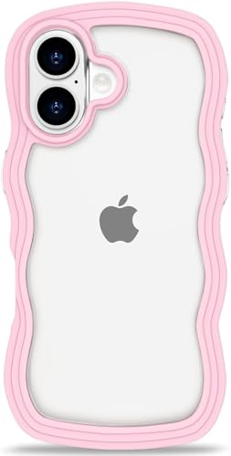 Image of GoldKart iPhone 16 Case Wavy Edge Clear Back Design, Anti-Slip Grip Cute Wave Curly Frame Shape Shockproof Soft TPU & Hard PC Bumper Protective Phone Case Cover for Women Girls - Pink