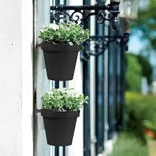 17cm Wall Planter Pot for Vertical Flower Garden or Living Wall Herb Kitchen Plastic Mounted Flat Back and Saucer Connected .4pcs Black