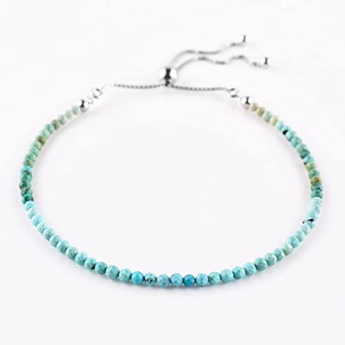 Odrilliongems Genuine Turquoise Gemstones Bolo Bracelet, Micro-Faceted Beads, Good Fortune Crystals, 925 Sterling Silver, Handmade, Birthstones, Adjustable Chain, Women Jewelry, Christmas Gifts, 10" #TOP2
