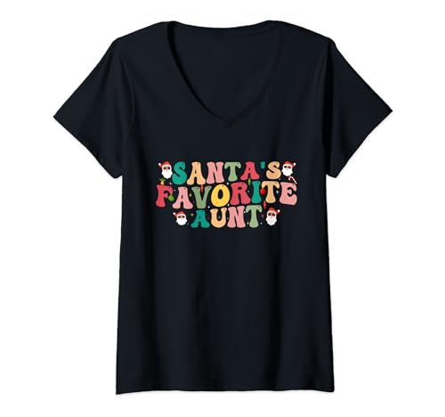 Retro Groovy Style Aunt Family Matching Christmas V-Neck T-Shirt