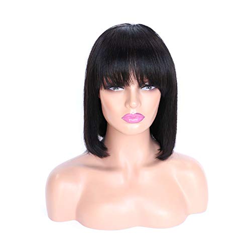 Funky girl Short Human Hair Bob Wig with Bangs 10 Inch Brazilian Human Hair Straight Bob Wigs for Women without Lace Parting Space Natural Black