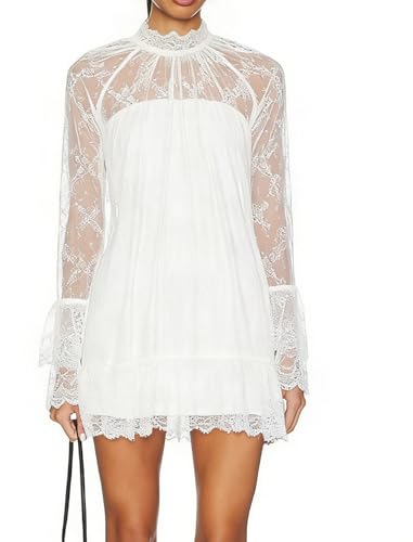 Women See Through Long Sleeve Lace Mini Dress Ruffle Layered Sheer Lace Short Dresses Sexy Going Out Cover Up Dresses Black