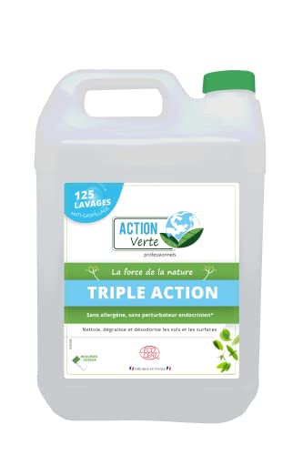 ACTION VERTE - Triple action - Nettoie, désodorise et dégraisse les sols - sans traces et fait briller - Formule naturelle - Label Ecocert - Bouchon doseur - 125 lavages - 5L - Fabrication française