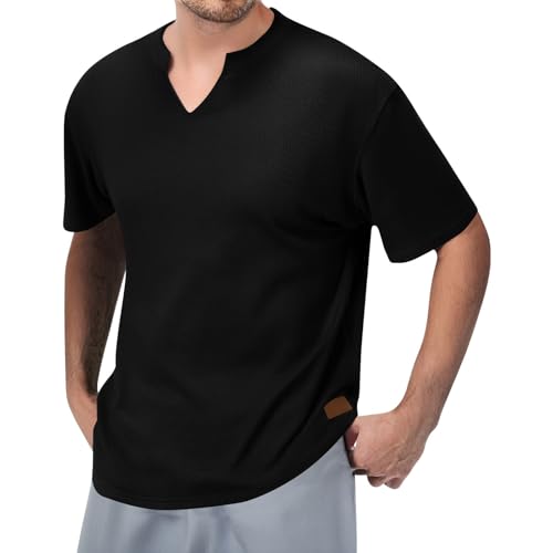 Camiseta de manga corta para hombre, informal, pesada, cuello en V, manga corta, camiseta de tirantes ancha para hombre, Negro , 3XL