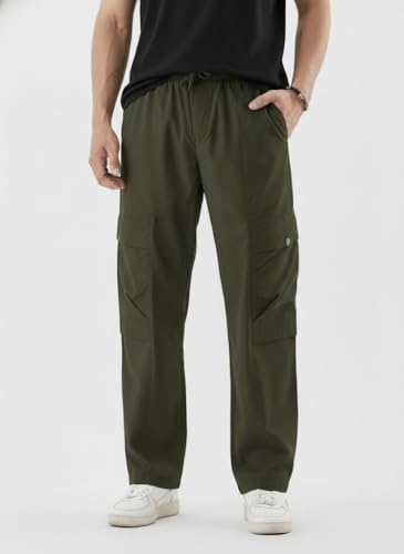 Image of Men's Cotton Cargo Pants | Straight Fit Casual Trousers for Men with Pockets | Lightweight & Breathable Pants with Elastic Waistband & Drawstring | Comfortable Lower for Mens
