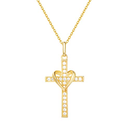 Fancime Yellow Gold Plated 925 Sterling Silver Cz Cubic Zirconia Infinity Heart Cross Crucifix Pendant Necklace Gifts For Her Women Girlfriend Wife Teens, 16" + 2" Extender #TOP9