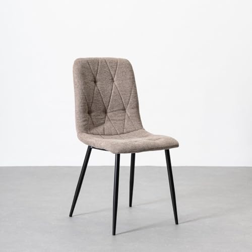 LOLAhome - Silla de Comedor o Cocina Lina Rombos marrón Taupe tapizada en Lino con Patas metálicas Negras