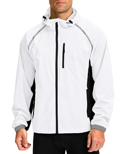 Bikewa Men's Cycling Rain Jackets Waterproof Running Bike Windbreaker Hooded Reflective Biking Windproof Bicycle Riding(White/Black,L)