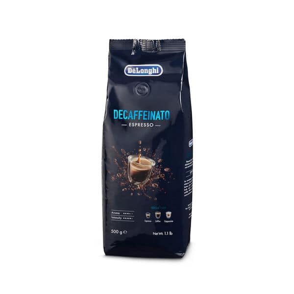 DeLonghi Café en Grano Descafeinado Natural 500g Decaffeinato Espresso para Moler y para Cafetera Superautomática - Café Descafeinado de Tueste Medio 50% Arábica y 50% Robusta e Intensidad 5/6