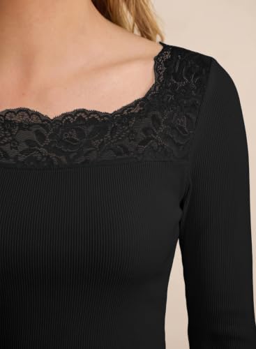 Image of Dokotoo Womens Tops Lace Long Sleeve T Shirts Ribbed Knit Stretch Top 2026