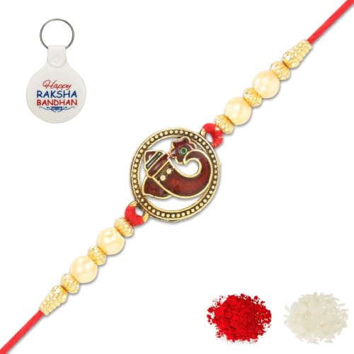 Image of Riddhika Ventures Alluring Gold Plated Floral and Pearl Rakhi (Bracelet) with Roli Chawal, Greeting Card and One Motivational Keychain
