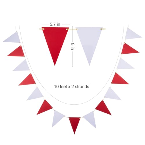 Image of MOWO Red White Pennant Banner Paper Bunting, 30pc, 20 feet | Birthday Graduation St.George's Day England Party Hanging Decoration, baby shower new year valentines day party decoration