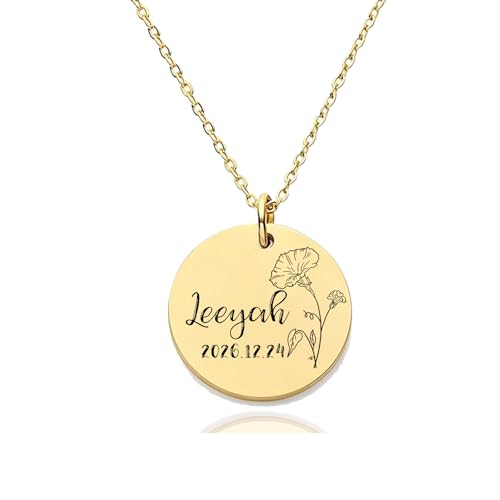 HUAN XUN Custom Birth Month Flower Leeyah Necklace for Women 18K Gold Plated Stainless Steel Engraved Nameplate Necklace Personalized Floral Disc Pendant Adjustable Chain Jewelry Gifts for Mother
