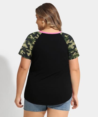 Image of CARCOS Plus Size Tops for Women Short Sleeve Raglan Striped Tee Color Block Crewneck /V Neck Tunic Loose Fit Summer XL-5XL
