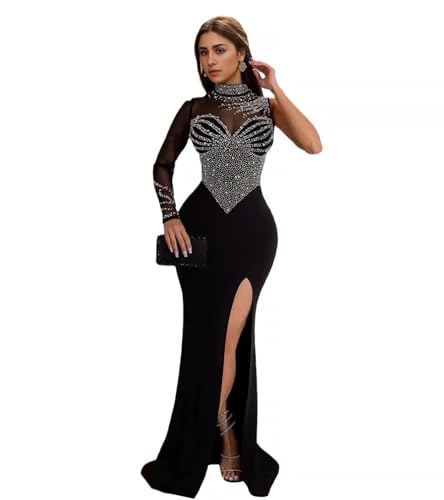 Image of Jigfar Women Sexy Elegant Rhinestone Mesh See Through Party Club Night Split Bodycon Formal Maxi Dress