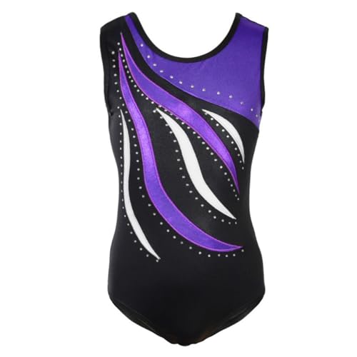 ESHOO Girls One-Piece Striped Gymnastics Ballet Leotards Shinning Diamond Embroidered(Purple,Size 8 For 7-8 Years)