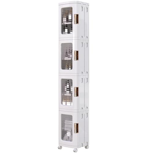 VECELO 4-Tier Tall Narrow Storage Cabinet with Movable Wheels, Adjustable Shelves, Anti-Tip, Slim, for Small Space, Bathroom, Kitchen, Laundry, White