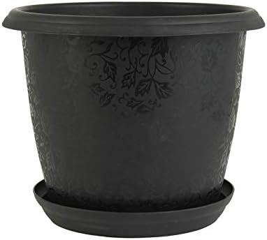 DIVINE TREE Round Plastic Flower Pots Planters with Tray for Outdoor & Indoor Gardening(Black,8x8x6 inch)