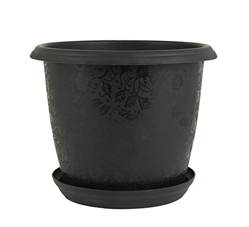 DIVINE TREE Round Plastic Flower Pots Planters with Tray for Outdoor & Indoor Gardening(Black,8x8x6 inch)