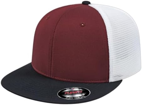 Cap America i8501 Flexfit 6 Panel Structured Performance Trucker Cap w/UV Guard (Maroon/Black/White,XXL)