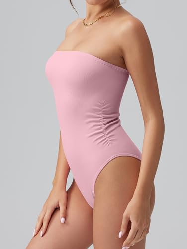 Image of OQQ Womens Tube Bodysuits Strapless Basic Sleeveless Ruched Stretch Classic-Fit Tops Sexy Bodysuits