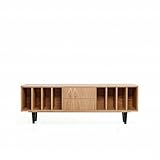 Mueble de TV «NOLANA», chapa de roble para vinilo y tocadiscos, 2 cajones, aparador escandinavo, 180 x 56 x 43 cm