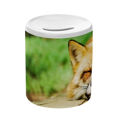 Tirelire Céramique Blanche - Renard Endormis Super Mignon Animal Sauvage Foret Nature - Boîte à Monnaie avec Bouchon Décoration Chambre Imprimé en France