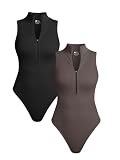 TOB Women's 2 Piece Bodysuits Sexy Ribbed Short Sleeve Zip Stretch Tops Bodysuits Black Tea leaf