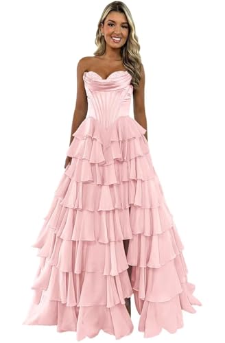 SWEMILE Womens Prom Dress Floral Print Tiered Sweetheart Chiffon Formal Evening Party Gowns with Slit Light Pink XS