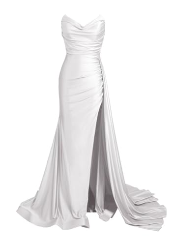 Strapless Mermaid Prom Dresses Long Formal Dress Wrap Satin Ruched Evening Gowns with Slit for Women